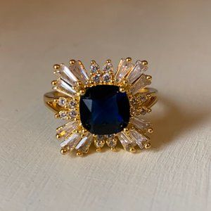 Starburst Halo Baguette Cocktail Ring, Gold tone